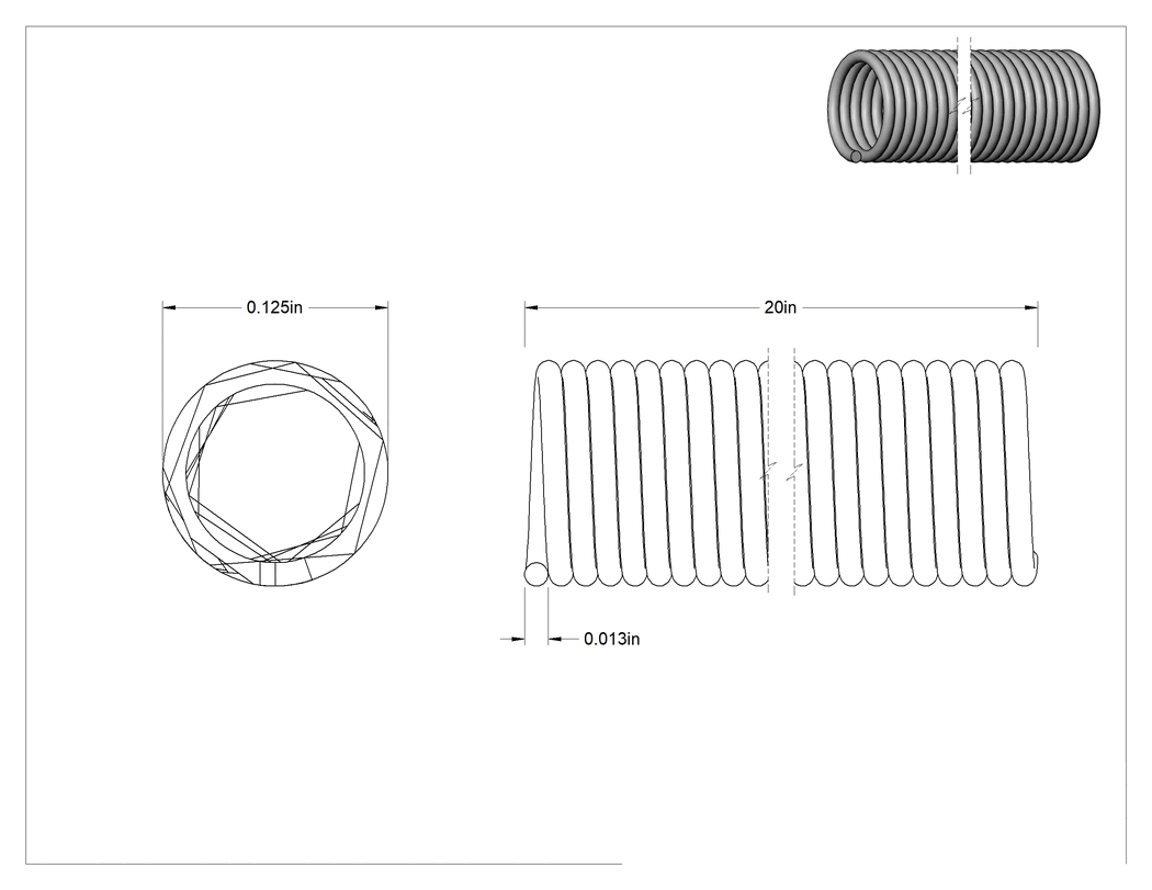 Teknik Çizim - Paslanma ve Aşınmaya Dayanıklı Çekme Yayı Stoku, 20" Uzunluk, 0.125" Dış Çap, 0.013 inç Tel Çapı