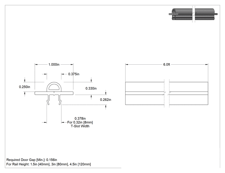 Teknik Çizim - T-Yivli Çerçeve, 1.5 inç ve 40 mm Yükseklikli Ray için Sıralı Ampul Conta, 3/8" Genişlik