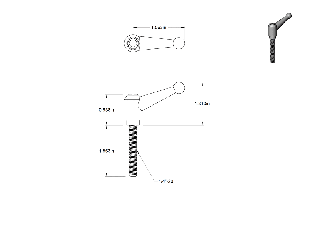 Teknik Çizim - 303 Paslanmaz Çelik Ayarlanabilir Tutamak, 1/4"-20 Diş Boyutu x 1-9/16" Uzunlukta Saplamalı, 1-5/16" Çıkıntı