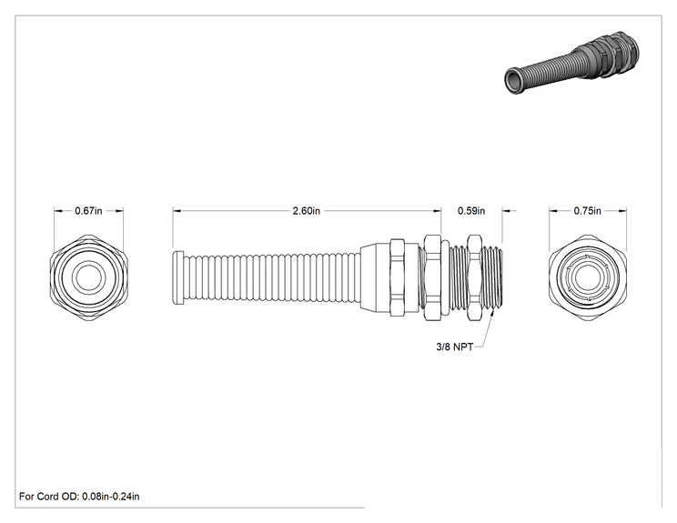 Teknik Çizim - Pirinç Dalgıç Kablo Tutucu, Flex, NPT Dişler, 0.08"- 0.24" Kablo Dış Çapı için