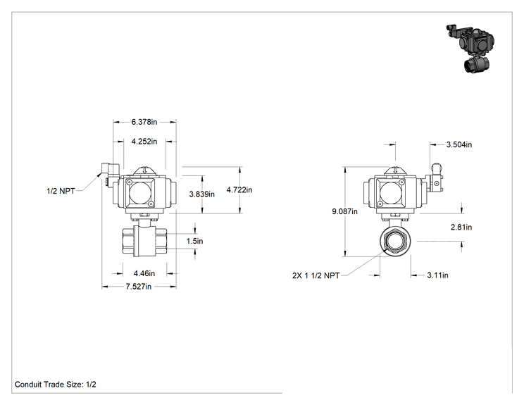 Teknik Çizim - Yüksek Akışlı Hava Tahrikli NEMA 4X 316 Paslanmaz Çelik Gövde Valfi, DIN Bağlantı, Tek Etkili, 1-1/2 NPT Dişi