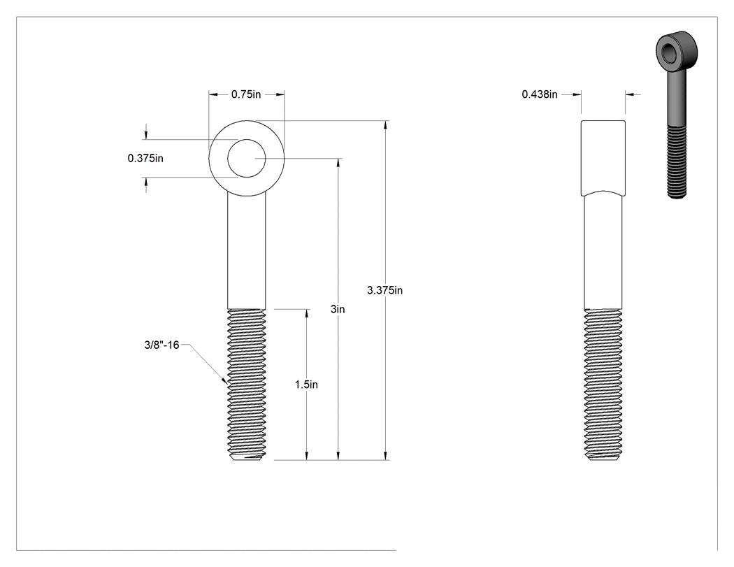 Teknik Çizim - 316 Paslanmaz Çelik Kısmen Gijon Ucu Cıvatası, 3/8"-16 Diş 1-1/2" Uzunlukta Şaft, 3/8" İç Çap, 3" Uzunlukta Merkez