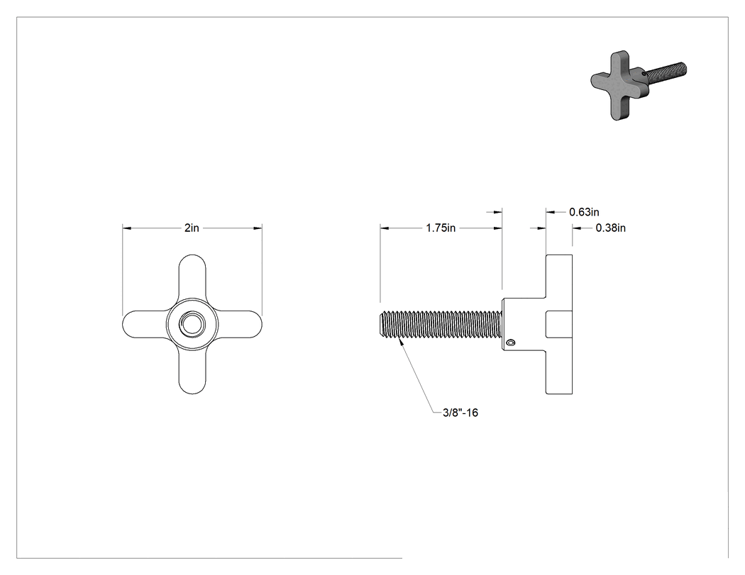 Teknik Çizim - Demir Dört Kollu Topuz, 3/8"-16 Dişli 1-3/4" Uzunlukta Saplamalı