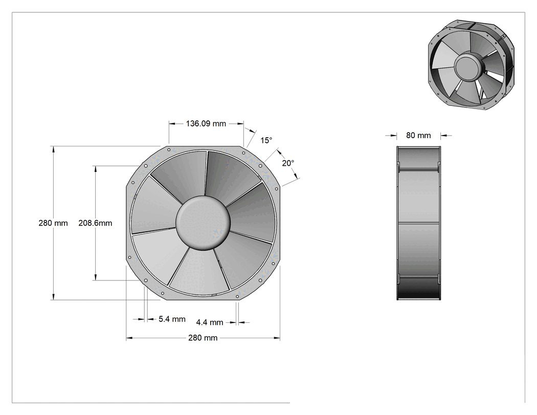 Teknik Çizim - Ekipman Soğutma Fanı, 120V AC, Vida Terminalleri, 11.02" Kare, 1, 120 CFM Hava Akışı