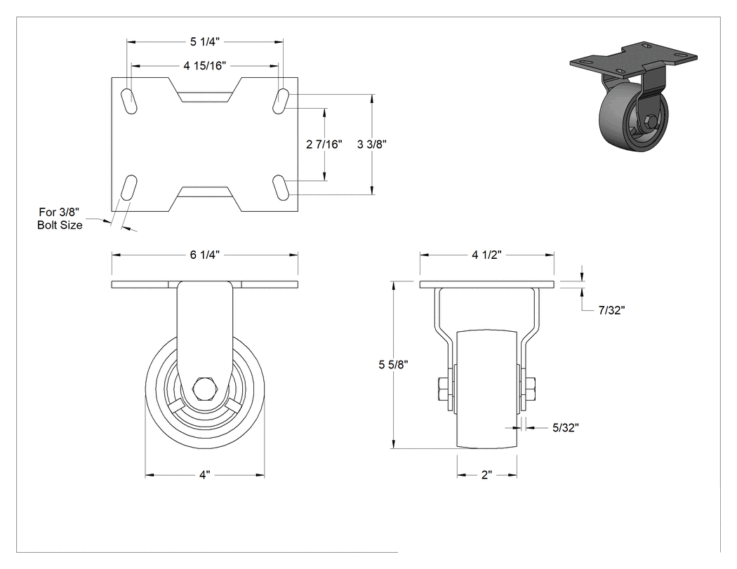 Teknik Çizim - 6-1/, 4" x 4-1/2" Plakalı Mauler Tekerlek, 4 inç Çapında Poliüretan Tekerlekli Sabit