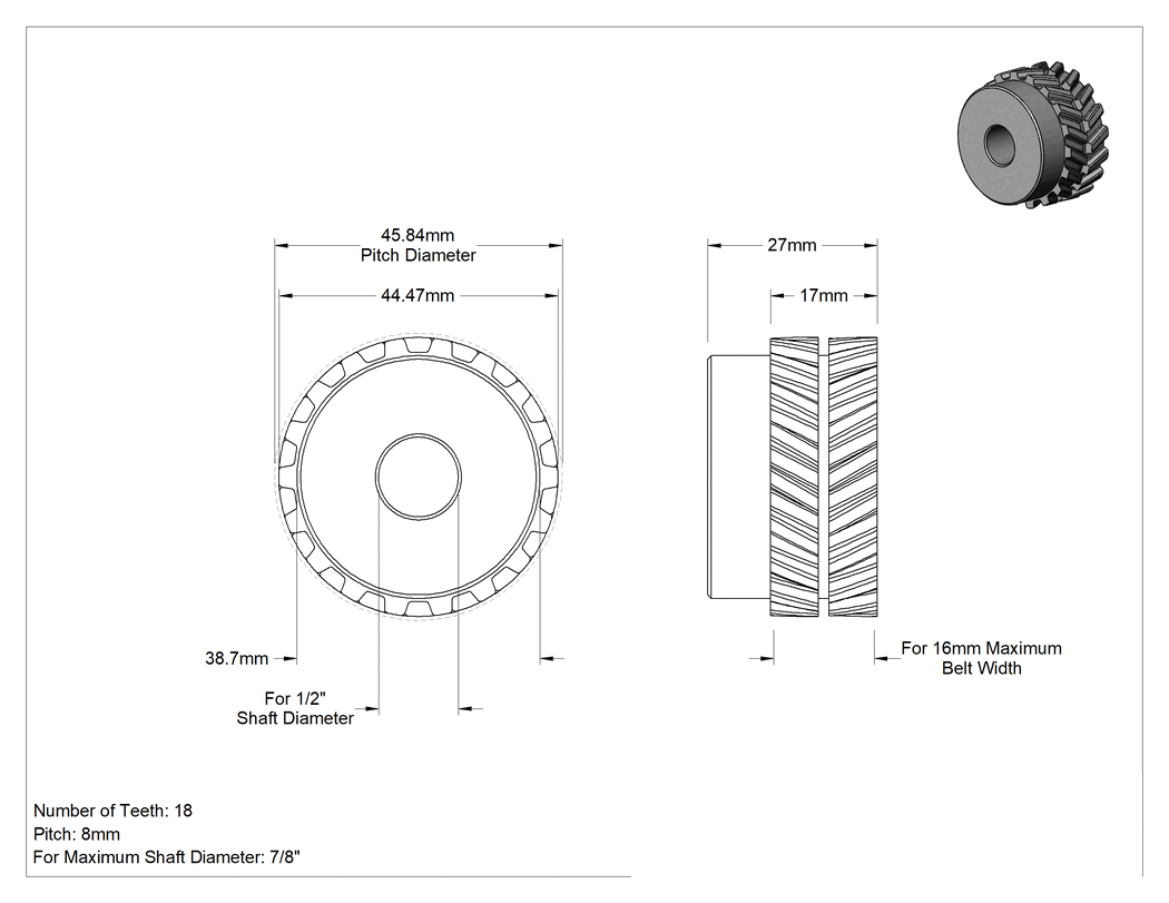 Teknik Çizim - Yüksek Mukavemetli Ultra Sessiz Triger Kayışı Kasnağı, 16 mm Maksimum Kayış Genişliği için, Presle Takma Montajı