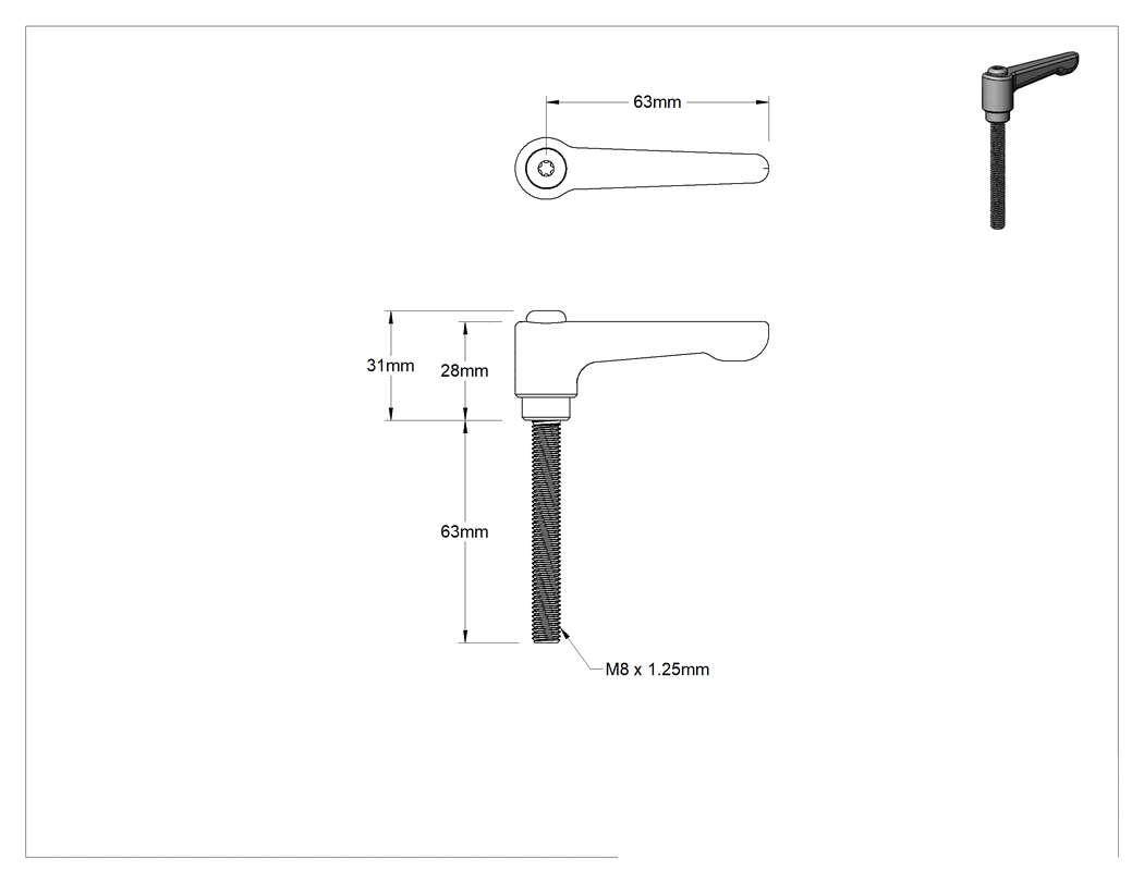 Teknik Çizim - Düşük Profilli Ayarlanabilir Tutamak, M8 x 1.25 mm Dişli 63 mm Uzunlukta Saplama ile, Siyah Çinko