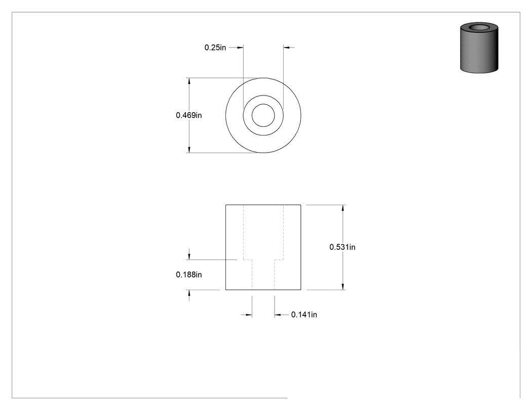 Teknik Çizim - SBR Kauçuk Dişsiz Delikli Tampon, 15/32" Dış Çap, 17/32" Yükseklik, 9/64" Montaj Deliği Çapı, Durometre 70A