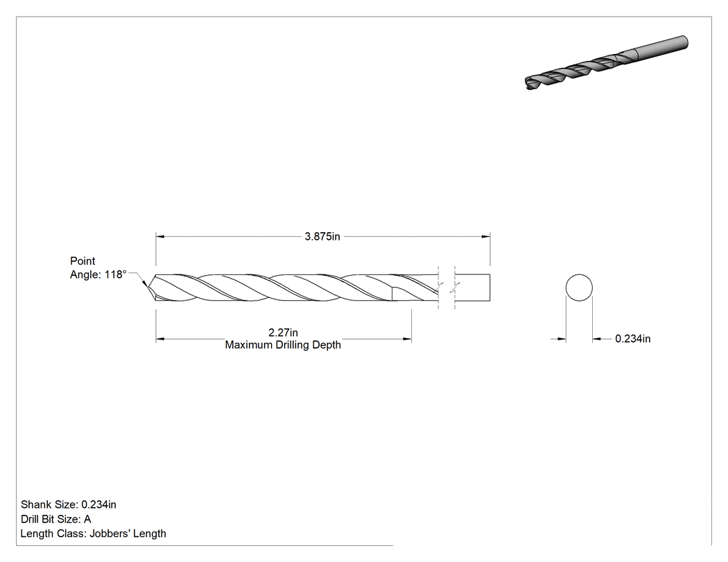 Teknik Çizim - Kaplamasız Yüksek Hız Çeliği Matkap Ucu, Jobber, A Uç Ölçüsü, 3-7/8" Toplam Uzunluk