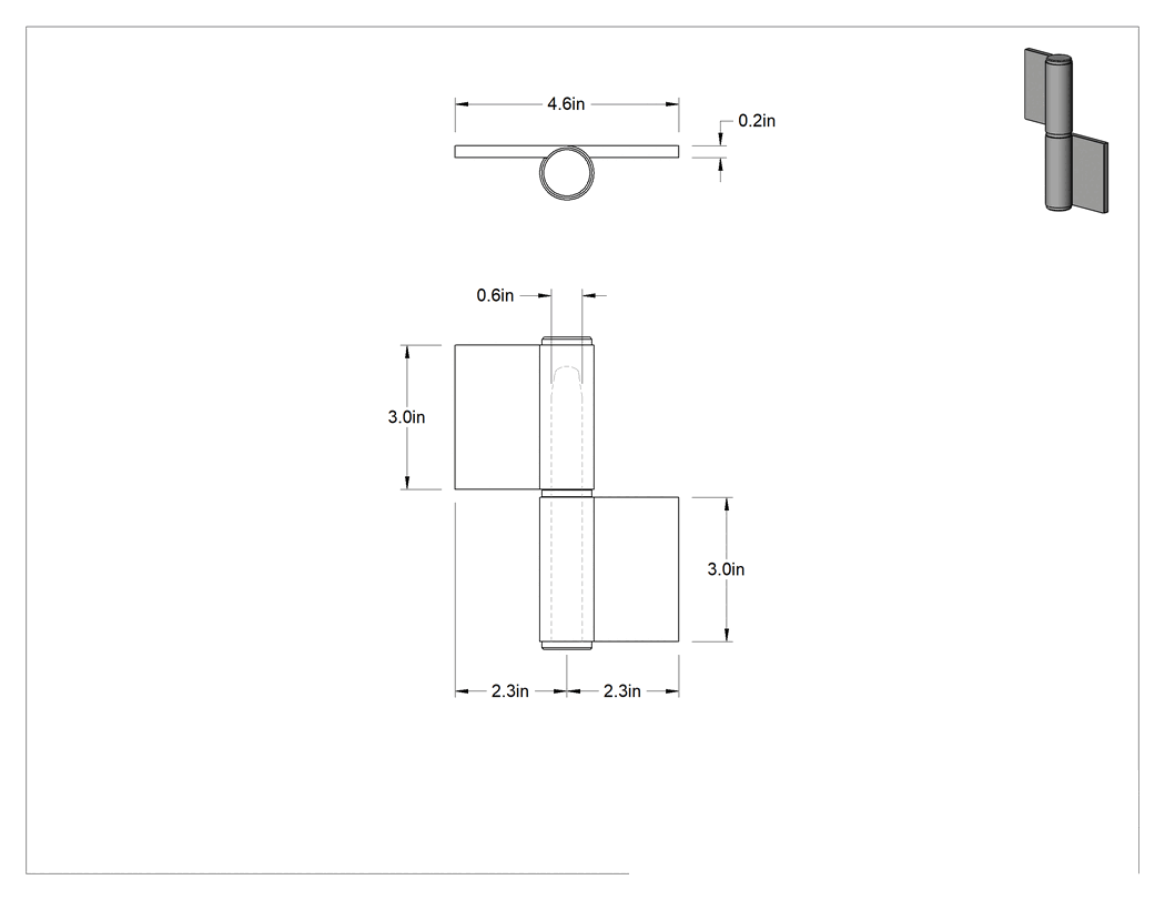 Teknik Çizim - Delikli Olmayan Kaldırma Menteşesi, 303 Paslanmaz Çelik, Sol Yan Montajı, 2-15/16" x 2-1/4" Kapı Kanadı