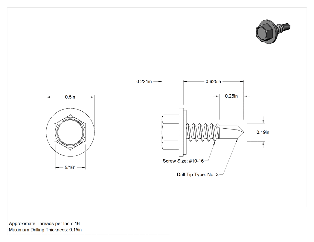 Teknik Çizim - Metal için Pullu Delme Vidaları, Çinko Kaplı 410 Paslanmaz Çelik, 10 Numaralı Boyut, 5/8" Uzunluk