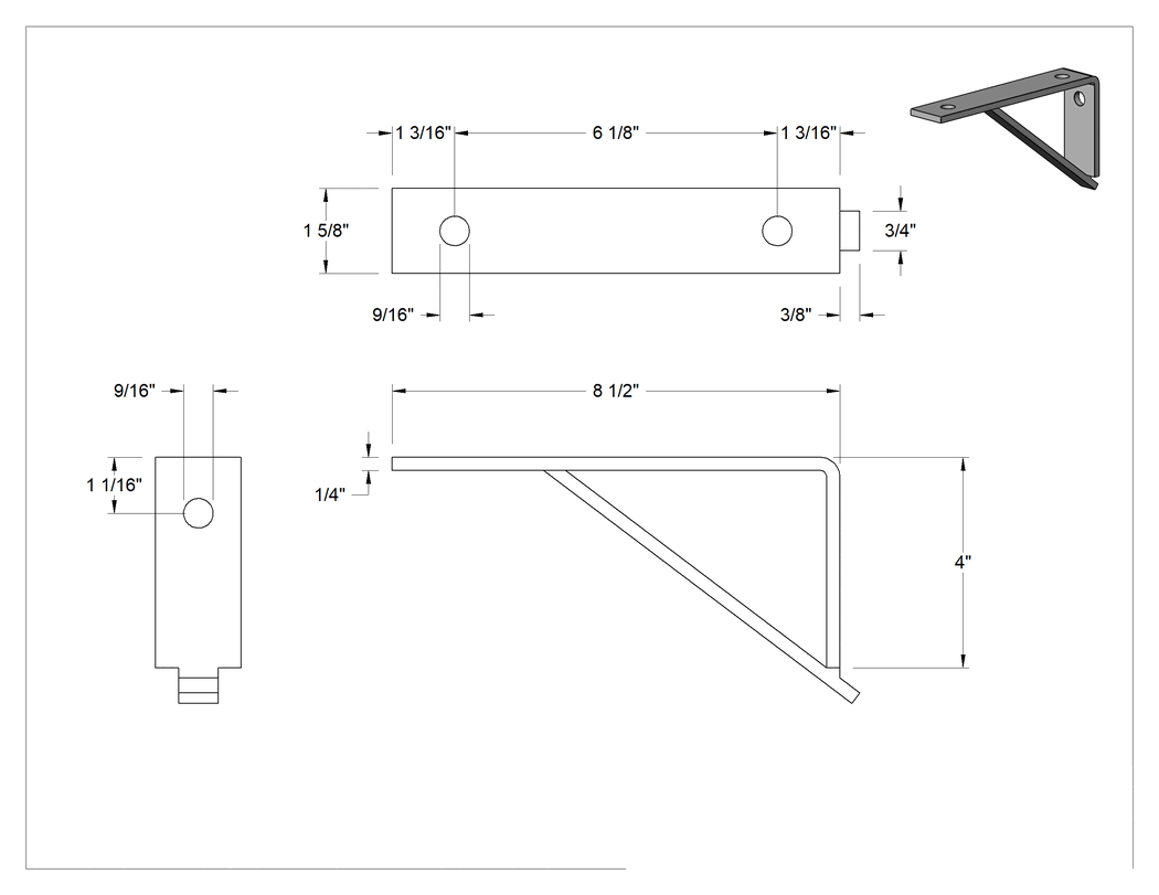 Teknik Çizim - Strut Kanalı Raf Braketi, Siyah Boyalı Çelik, 8-1/2" Uzunluk