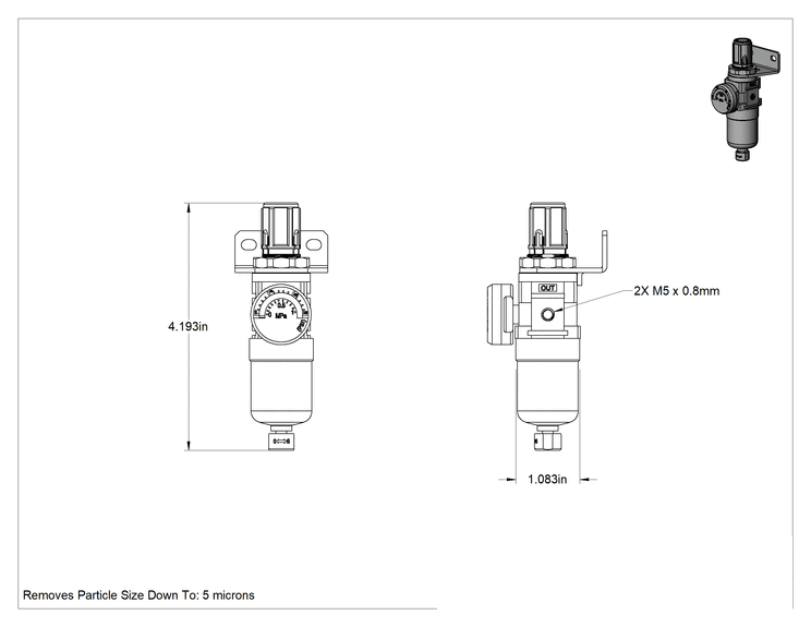Teknik Çizim - SMC Modüler Basınçlı Hava Filtresi/Regülatörü, Polikarbonat Kase, Seri 10, M5 x 0.8 Dişi Diş