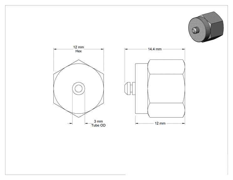 Teknik Çizim - Paslanmaz Çelik Borular için Yor-Lok Bağlantı Elemanı, Bağlantı Parçası için Kapak, 3 mm Boru Dış Çapı için