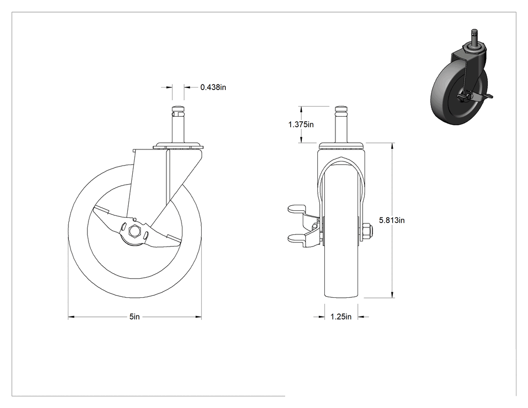 Teknik Çizim - Tutuş Halkalı Sürtünmeli Tutuşlu Saplı Tekerlek, Frenli Döner Tekerlek ve 5" Çapında 75A Kauçuk Tekerlek