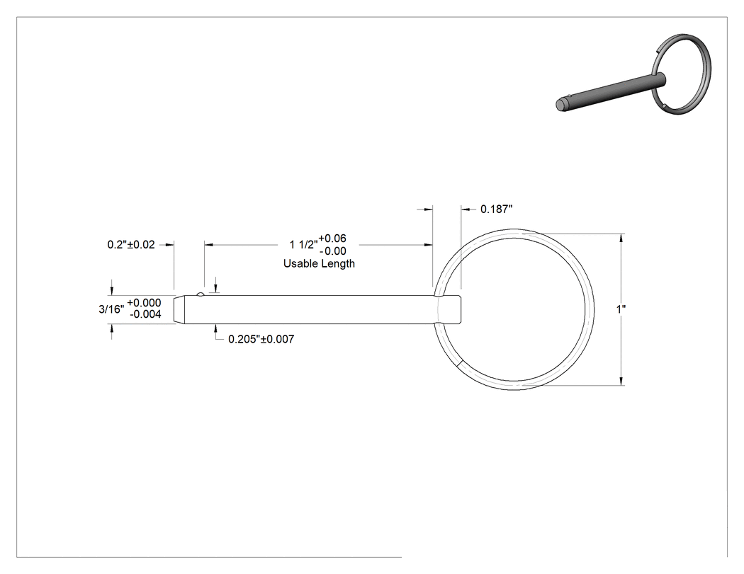 Teknik Çizim - 360 Pirinç Halka Tutamaklı Hızlı Açma Pimi, 3/16" Çap, 1-1/2" Kullanılabilir Uzunluk