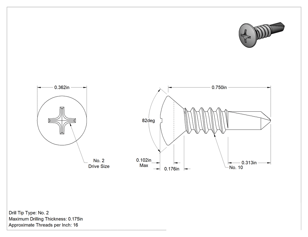 Teknik Çizim - Metal için Oval Başlı Delme Vidaları, Siyah Oksit Çelik, 10 Numaralı Vida Boyutu, 3/4" Uzunluk