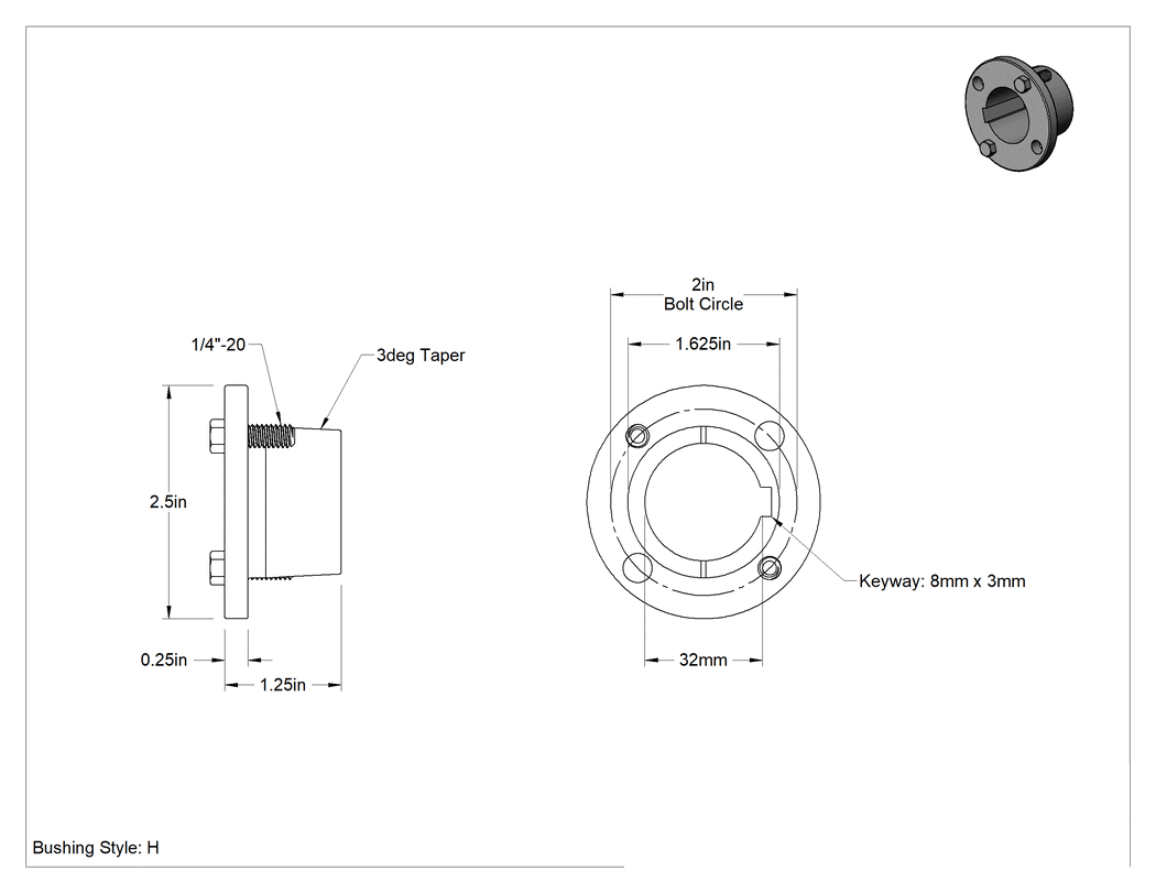 Teknik Çizim - Yarık Konik Burç, 32 mm Mil Çapı için Makine Kamalı H Stili, Çelik