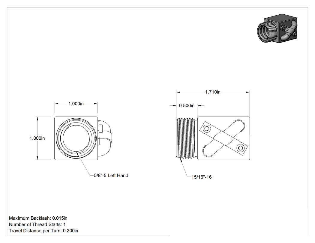 Teknik Çizim - Bilyalı Vida için 5/8"-5 Sol Dişli Dış Dişli Bilyalı Somun
