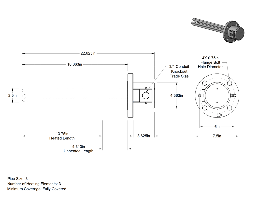 Teknik Çizim - Su için Flanş Montajlı Daldırma Isıtıcı, 18-1/16" Uzunlukta Incoloy Isıtma Elemanı, 480V AC, 6000W