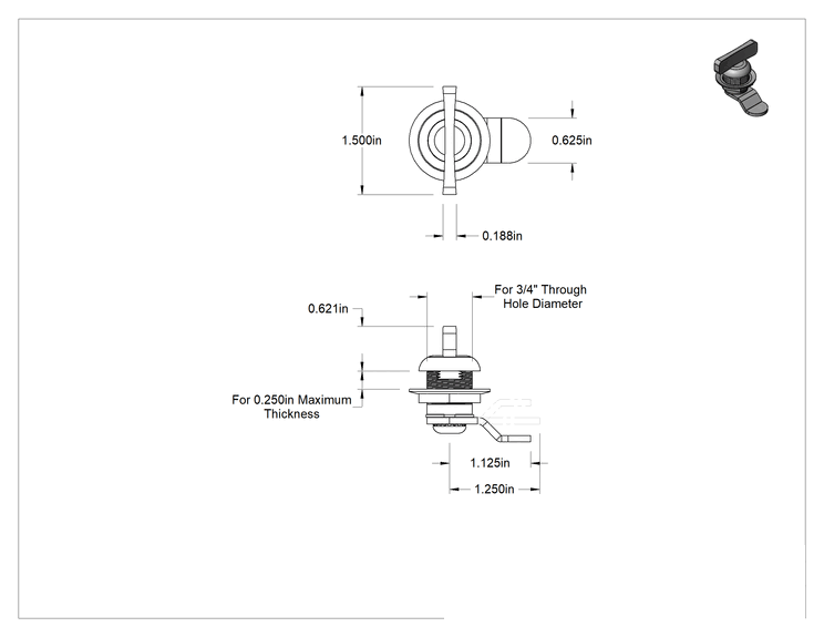 Teknik Çizim - Kanatlı Tutamaklı Kam Mandalı, Siyah Boyalı Çinko, 1/4" Maksimum Kalınlık için