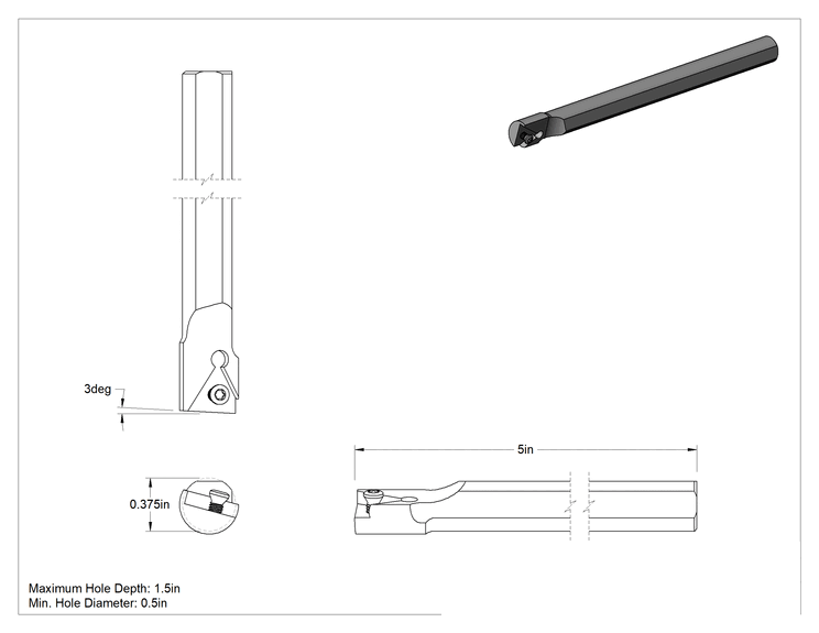 Teknik Çizim - Delik Açma Karbür Uç Tutucu, Kod Stuc, Sağ Yönlü, 3/8" Şaft Çapı, 3/32" Uç Kalınlığı