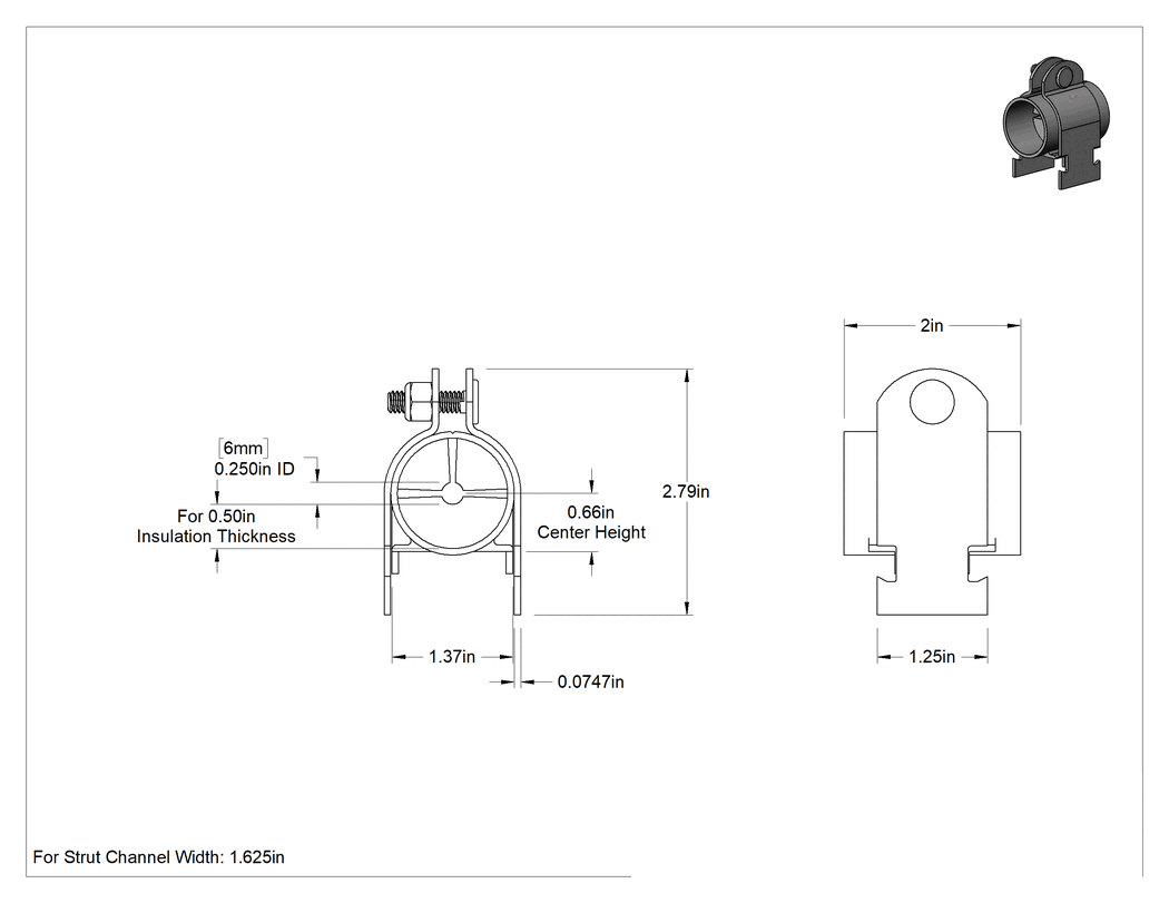 Teknik Çizim - Strut Montajlı Metal Yönlendirme Kelepçesi, Yalıtımlı Boru için, 1/4" İç Çap, 1-3/8" Uzunluk