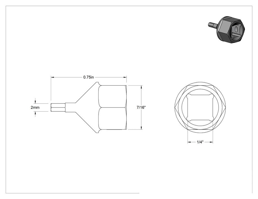 Teknik Çizim - Çift Tahrikli Altıgen Uçlu Soket, 1/4" Kare Tahrik, 7/16" Altıgen Tahrik, 2 mm Tahrik Boyutu