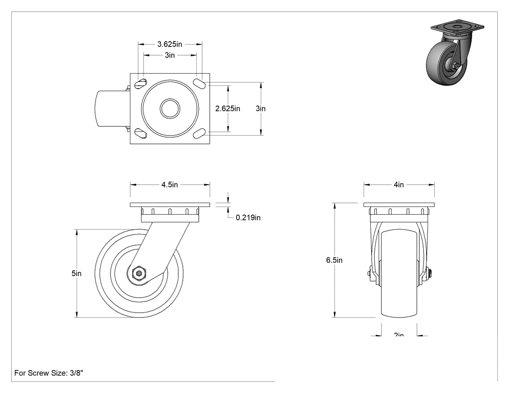 Teknik Çizim - 4-1/2" x 4" Plakalı Yüksek Kapasiteli Mauler Tekerlek, 5" Çaplı Fenolik Tekerlekli Döner