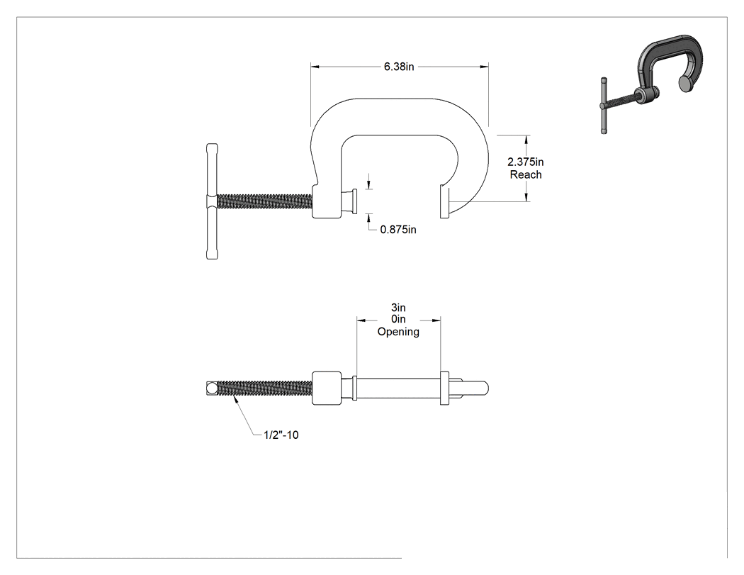 Teknik Çizim - Yüksek Görünürlüklü C-Kelepçesi, Kayan T-Kolu, 0" - 2-15/16" Açıklık