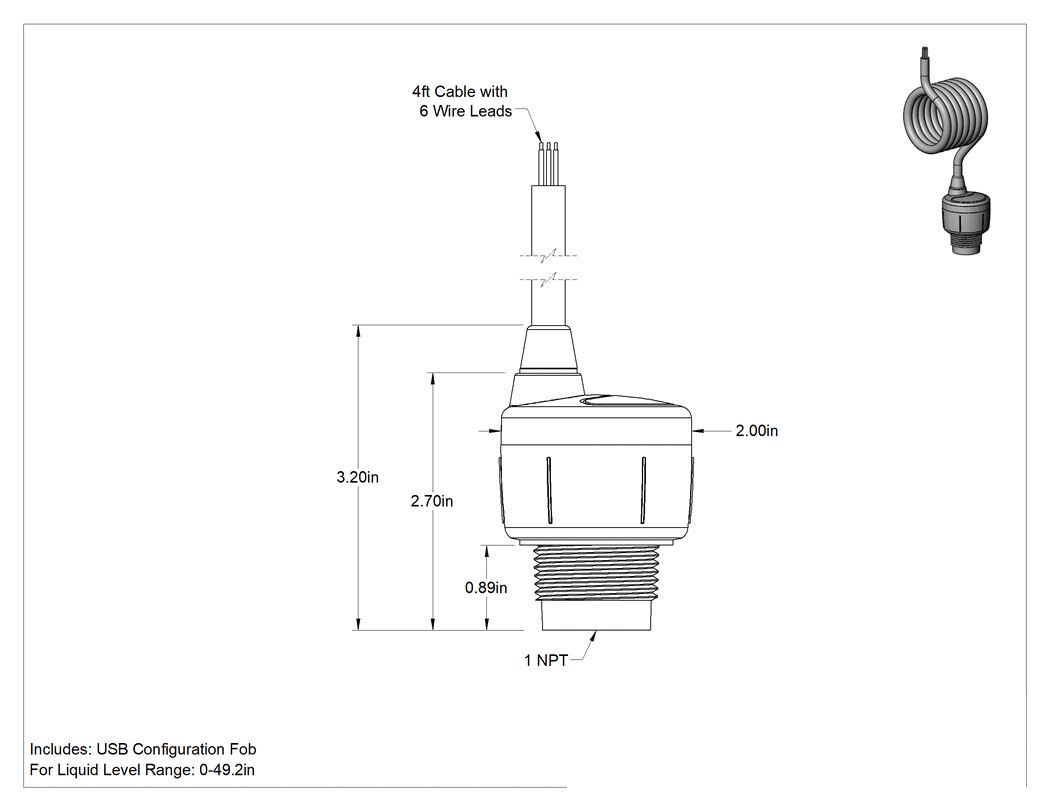 Teknik Çizim - Ultrasonik Sıvı Seviye Transmitteri, Ultrasonik, 0-5V DC/0-10V DC Çıkış, 1 NPT Erkek