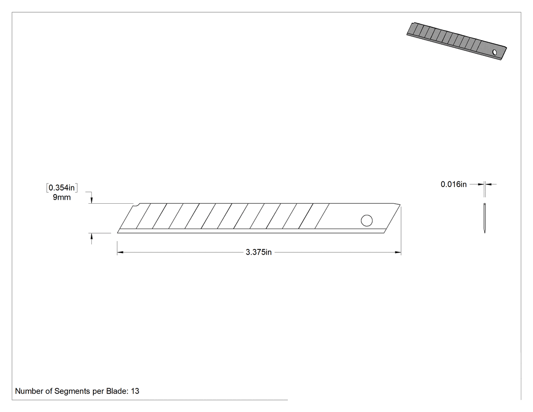 Teknik Çizim - 3-3/8" Uzunluk x 0.016" Kalınlık Çelik Koparılabilir Bıçaklar