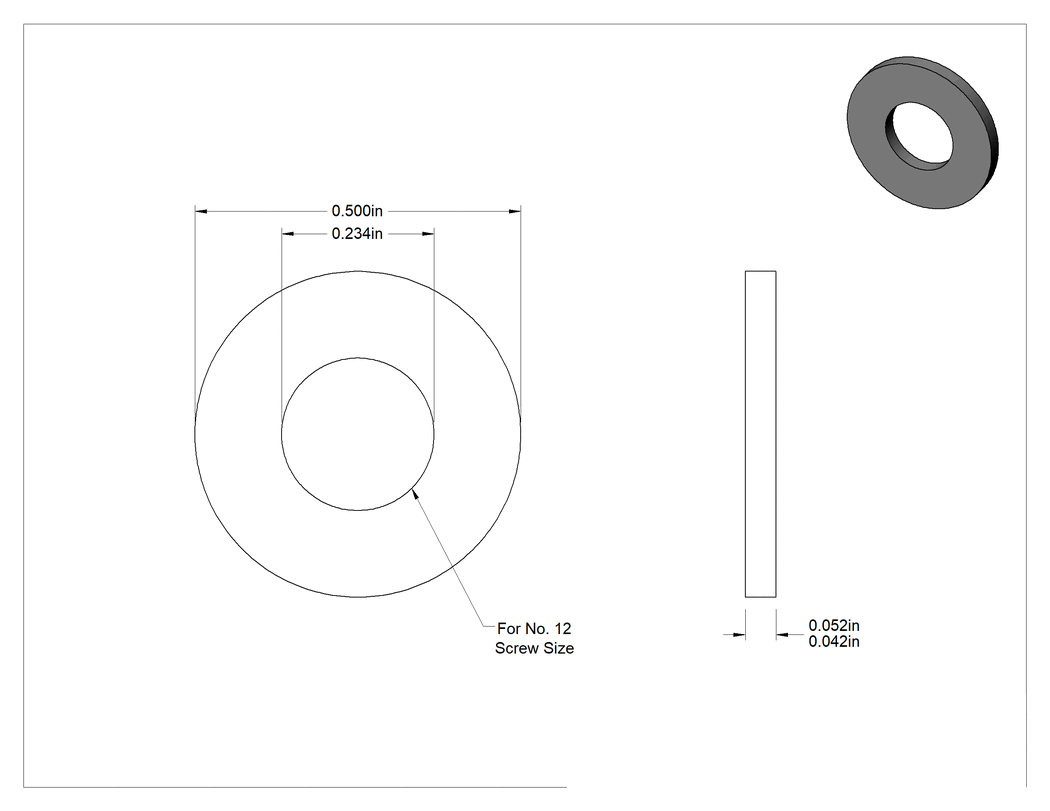 Teknik Çizim - Sert Fiber Pullar, 12 Numaralı Vida Boyutu için, 0.234" İç Çap, 0.5" Dış Çap