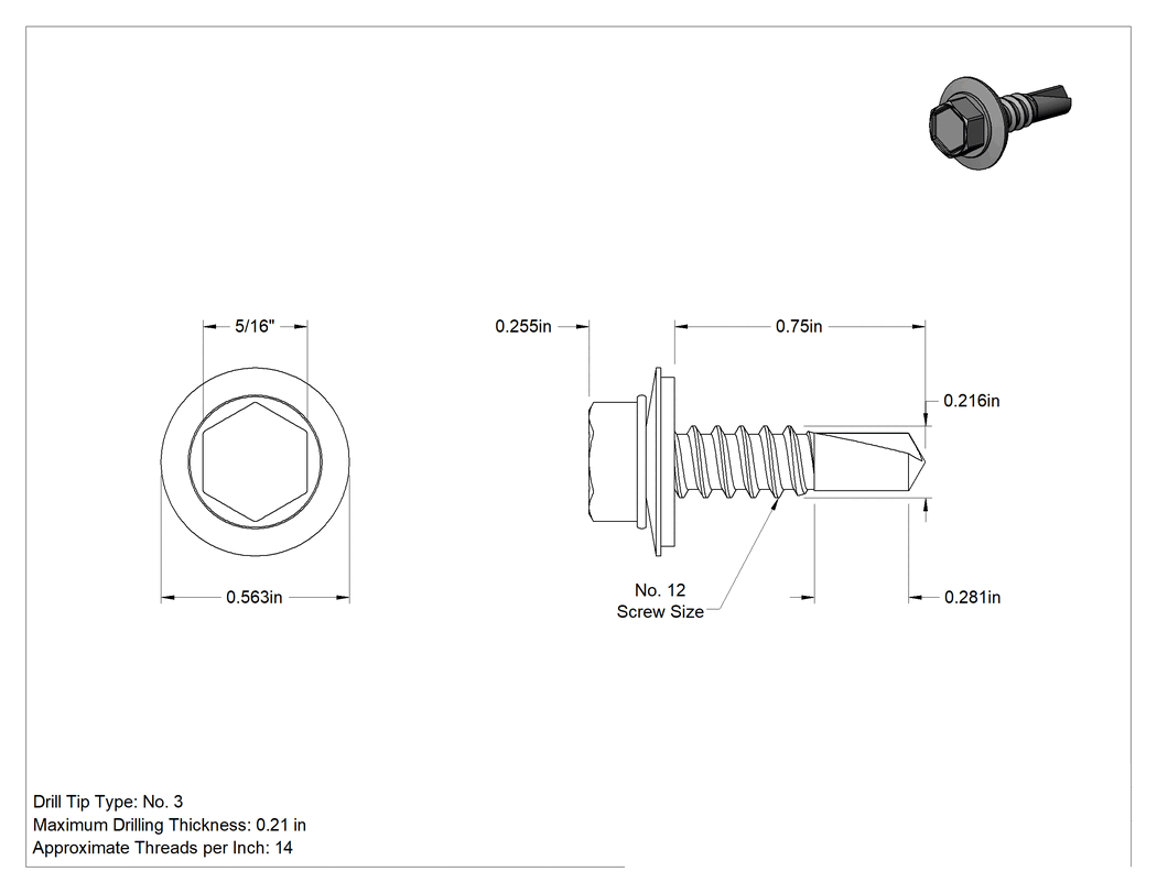 Teknik Çizim - Metal için Pullu Delme Vidaları, Paslanma ve Aşınmaya Dayanıklı Kaplamalı Çelik, 12 Numaralı Boyut, 3/4" Uzunluk
