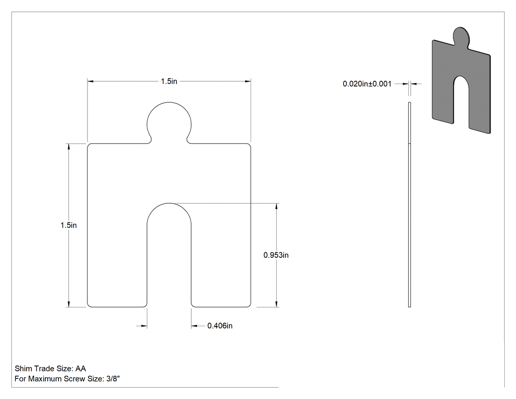 Teknik Çizim - 18-8 Paslanmaz Çelik Oluklu Şim, Anma Ölçüsü AA, 0.02" Kalınlık