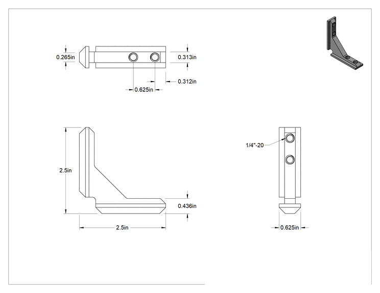 Teknik Çizim - T-Yivli Çerçeve, Uzatılmış Köşe Gizli Braket, 2.5" Uzunluk
