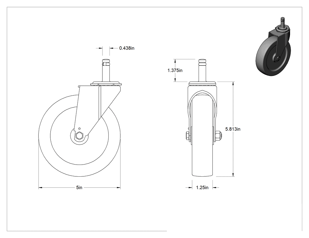 Teknik Çizim - Tutuş Halkalı Sürtünmeli Tutuşlu Saplı Tekerlek, 5" Çapında 80D Kauçuk Tekerlek ve 1-3/8" Uzunlukta Mil ile Döner Tekerlek