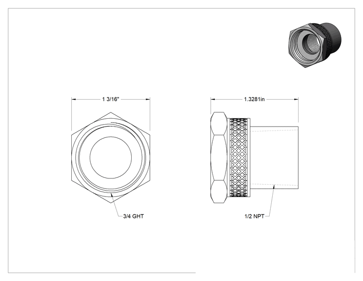 Teknik Çizim - 303 Paslanmaz Çelik Bahçe Hortumu Bağlantı Parçası, Düz Adaptör, 3/4 GHT Dişi x 1/2 NPT Dişi