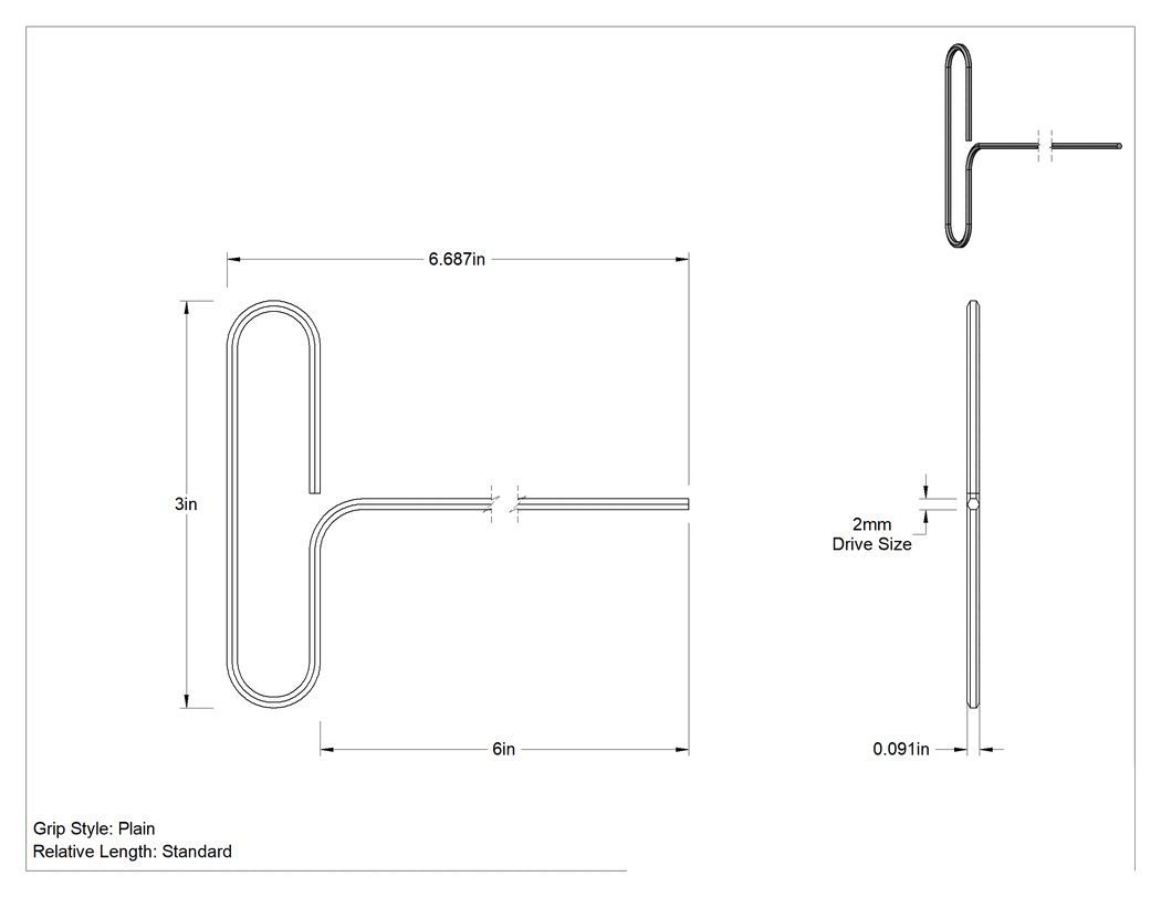 Teknik Çizim - Düz Tutamaklı Döngülü T Saplı Altıgen Anahtar, 2 mm Tahrik Boyutu, 6-5/8" Toplam Uzunluk