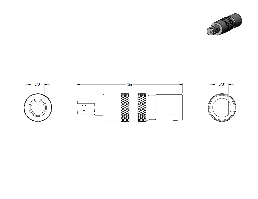 Teknik Çizim - Darbe Soket Uzatması, 3/8" Kare Tahrik, 3" Uzunluk