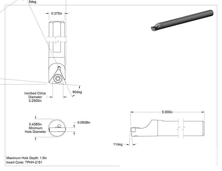 Teknik Çizim - Soğutma Suyu Deliği Olan Karbür Uç Tutucu, Kod Qsbi, Sağ Yönlü, 3/8" Şaft Çapı, 3/32" uç kalınlığı için