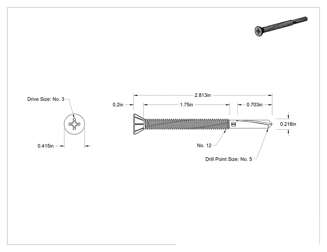 Teknik Çizim - Paslanmaz Çelik Delme Vidası, Ahşap-Metal, 12 Numaralı, 2.81" Uzunluk