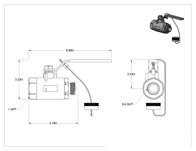 Teknik Çizim - Bahçe Hortumu Çıkışı Olan Dişli Açma/Kapama Vanası, İçme Suyu için, 1 NPT Dişi x 3/4 GHT Erkek