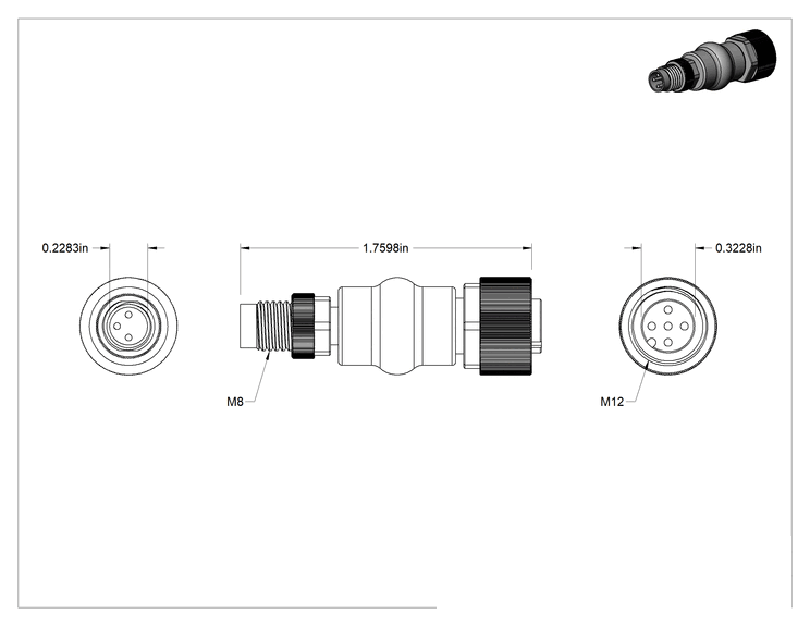 Teknik Çizim - 3 Kutuplu Nano M8 Fiş x 3 Kutuplu M12 Soket