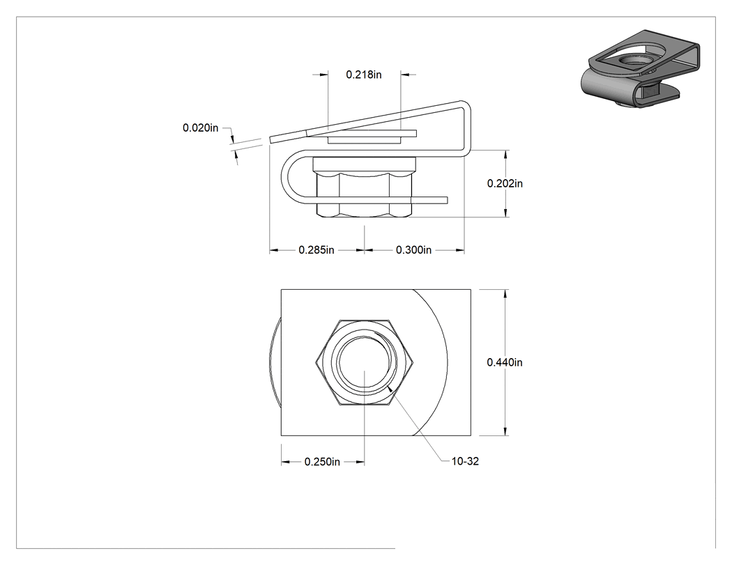 Teknik Çizim - Çelik Güçlü Kavrama Klipsli Kapalı Altıköşe Somun, Çinko Kaplamalı, 10-32 Diş Boyutu, 0.02" ila 0.12" Panel Kalınlığı için