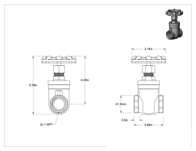 Teknik Çizim - 316 Paslanmaz Çelik Gövde ve Sürgülü Kademeli Açma/Kapama Vanası, Tekerlek Kolu ve Yükselmeyen Mil, 1 NPT Dişi