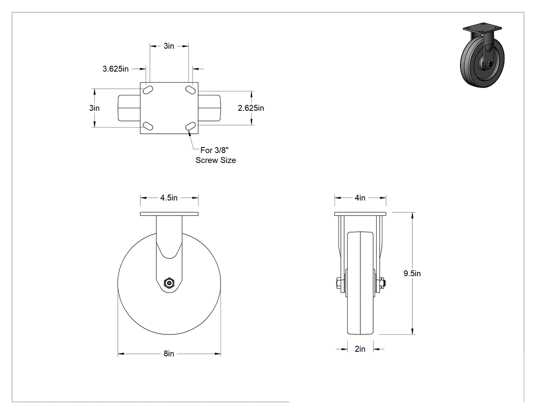 Teknik Çizim - 4-1/2" x 4" Plakalı Yüksek Kapasiteli Spartan Tekerlek, 8 inç Çapında Açık Rulmanlı Fenolik Tekerlekli Sabit