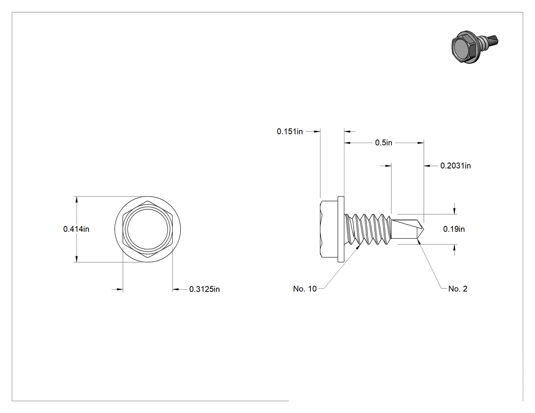 Teknik Çizim - 410 Paslanmaz Çelik Flanşlı Altıköşe Başlı Delme Vidası, 10 Numaralı Vida Boyutu, 1/2" Uzunluk