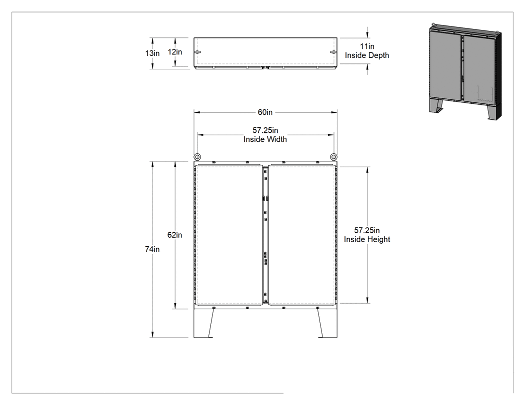 Teknik Çizim - Zemin Standlı Su Geçirmez Muhafaza, 60" Genişlik x 62" Yükseklik x 12" Derinlik