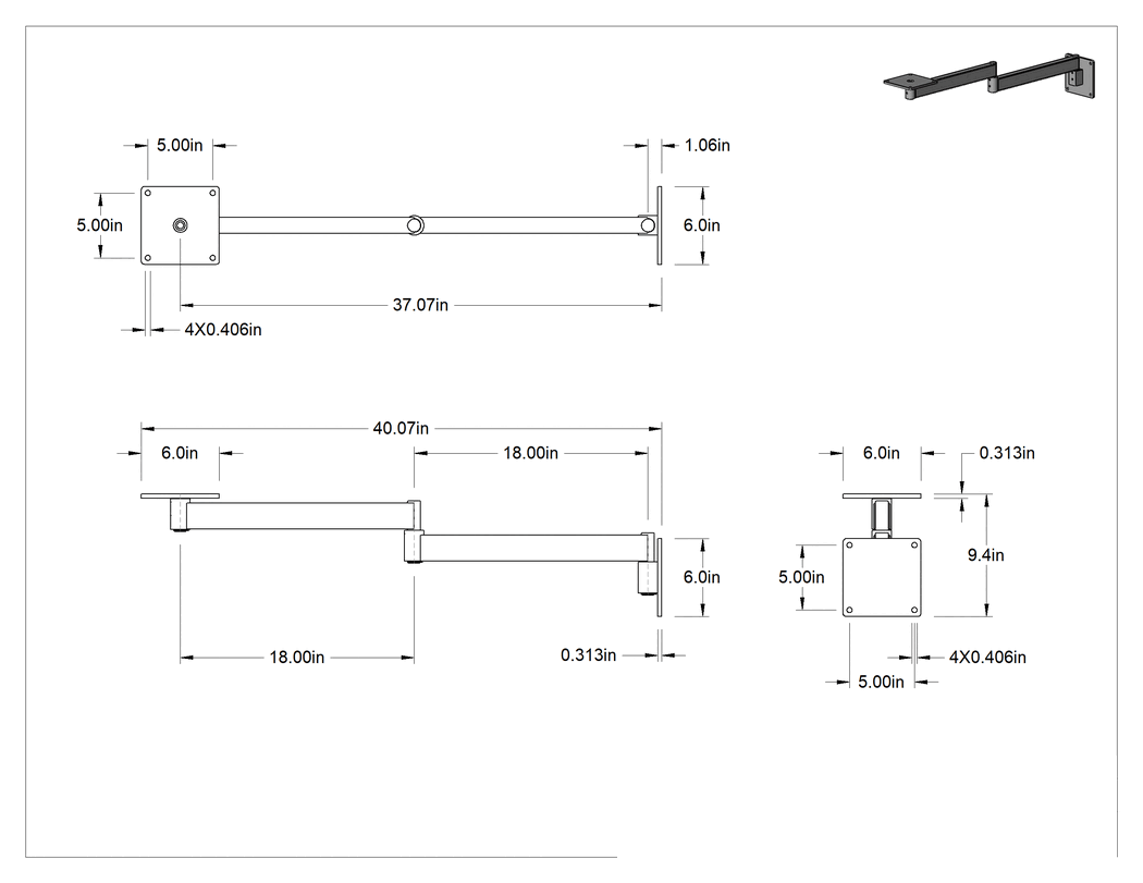 Teknik Çizim - 39-3/4" Çıkıntı Ağır Hizmet Tipi Konumlandırma Kolu